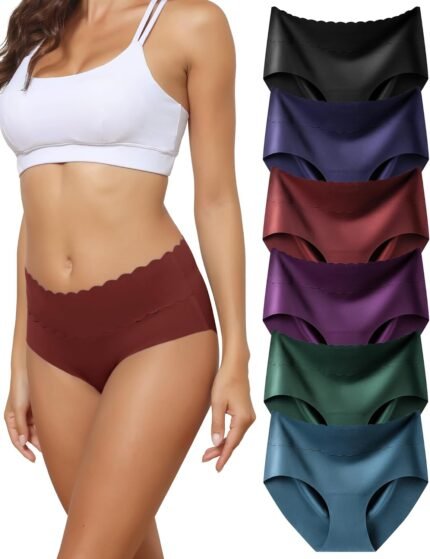 6 Pack Womens Seamless High Mid Waisted Underwear No Show Briefs Full Coverage Ice Silk Soft S-XXL