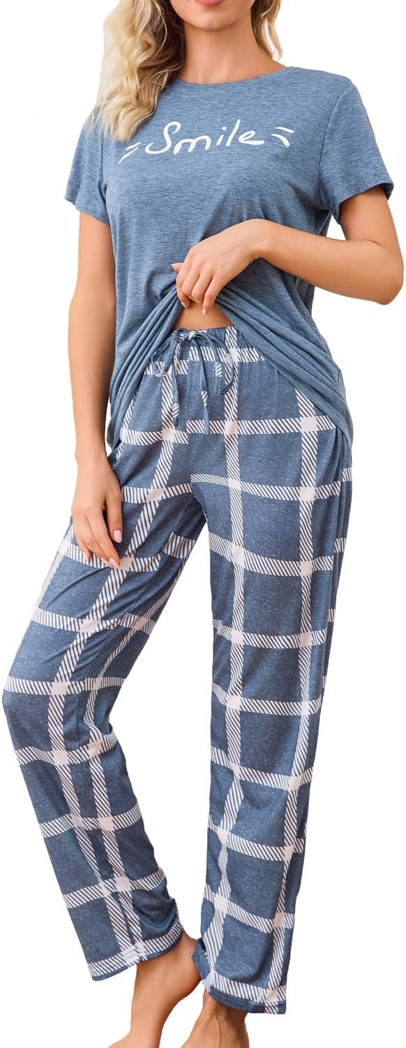 difficort Womens Pajama Sets Short Sleeve Pjs Tops with Long Pants Sleepwear Lounge Set with Pocket
