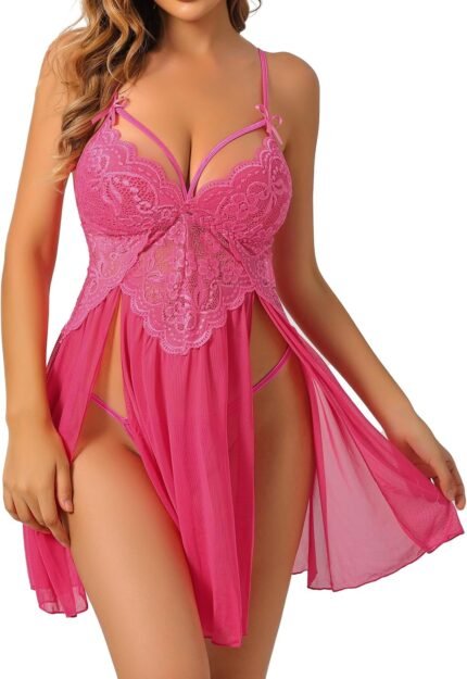 Women’s Mesh Nightgown Lace Babydoll Strappy V Neck Split Hem Chemise with Thong Sheer Lingerie
