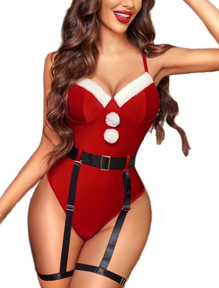 Avidlove Santa Christmas Lingerie Sexy Santa Lingerie for Women Christmas Outfit Teddy Bodysuit Costume with Garter Belts
