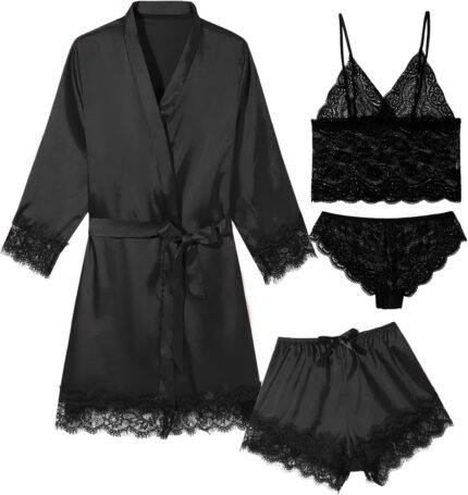 Womens Lingeries Silk Pajamas Robes Set 4 Pcs Sexy Pjs Cami Shorts Satin Sleepwear Lace Loungewear Womens Lingeries Silk Pajamas Robes Set 4 Pcs Sexy Pjs Cami Shorts Satin Sleepwear Lace Loungewear