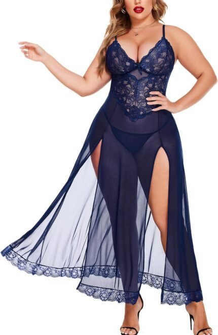 Avidlove Plus Size Lingerie for Women Lace Babydoll Sexy Mesh Nightdress Side Split Nightgown Long Maxi Dress