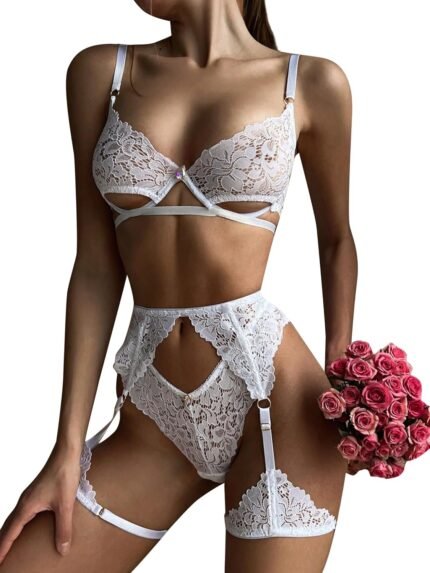 Women Sexy Lingerie Floral Lingerie Set Lace Bra and Panty Set with Garter Belt 3 Piece