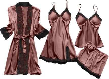 BOXIACEY Satin Pajama Set for Women 4 Piece Silk Pajama Set Lace Nightgown and Robe Sets Sexy Lingerie Sleepwear Set