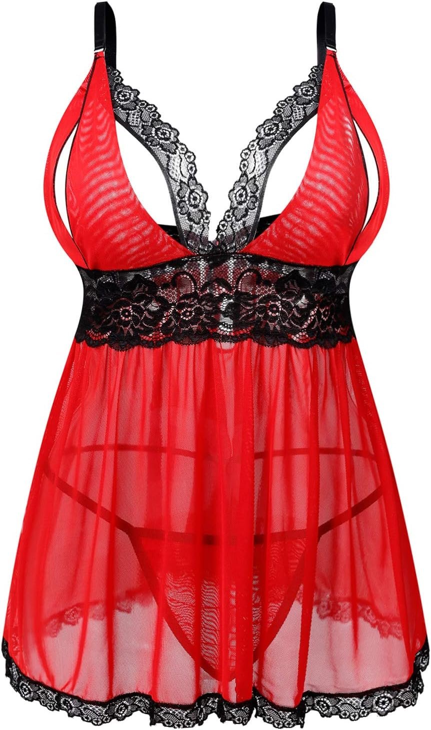 Donnalla Women Plus Size Lingerie – Sexy Split Cup Lace Babydoll Sleepwear Chemise Set 2XL,3XL,4XL