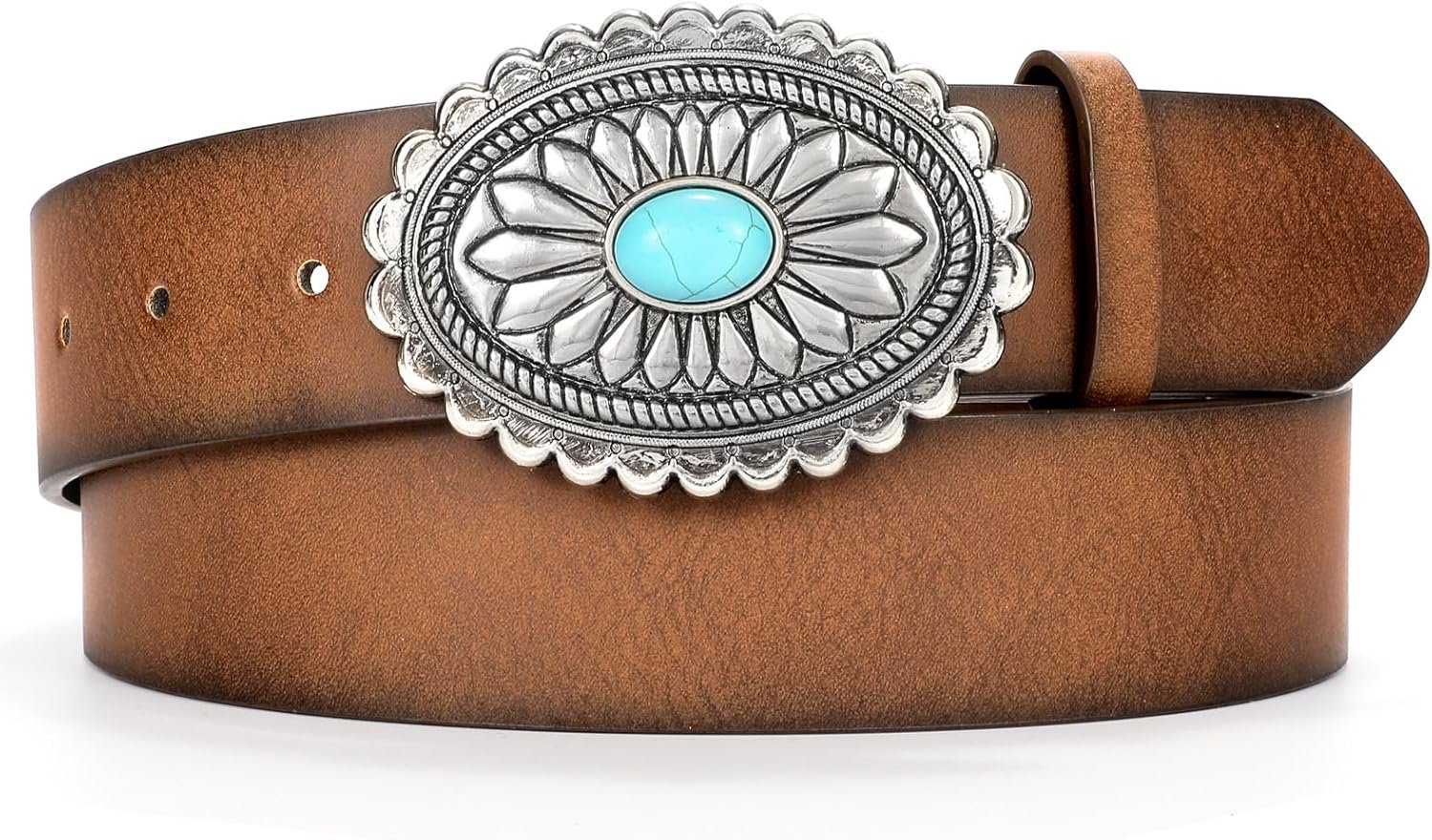 XZQTIVE Women Western Leather Belt Vintage Country Belts For Cowgirl Jeans Dresses Ladies Concho Belt With Turquoise Buckle