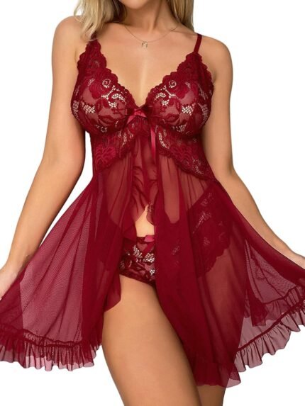 Sexy Open Front Ruffle Sheer Mesh Lace Wireless Babydoll Lingerie Dress with Thong 2 Piece Women