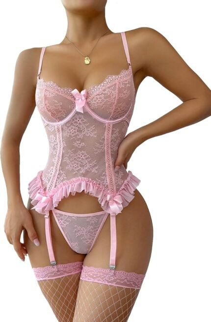 WDIRARA Women’s Sexy Lingerie Set Floral Lace Garter Bustier Lingerie Set with 1Pair Fishnet Stocking WDIRARA Women’s Sexy Lingerie Set Floral Lace Garter Bustier Lingerie Set with 1Pair Fishnet Stocking