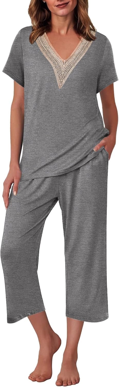 Ekouaer Women’s Pajamas Set Short Sleeve Lace V Neck Sleepwear Top Capri Pants Pjs Sets Soft Loungewear Ekouaer Women’s Pajamas Set Short Sleeve Lace V Neck Sleepwear Top Capri Pants Pjs Sets Soft Loungewear