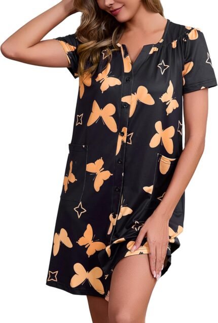 Womens Nightgown Short Sleeve V Neck Pleated Sleepwear Button Down Cute Sleepshirt with Pockets