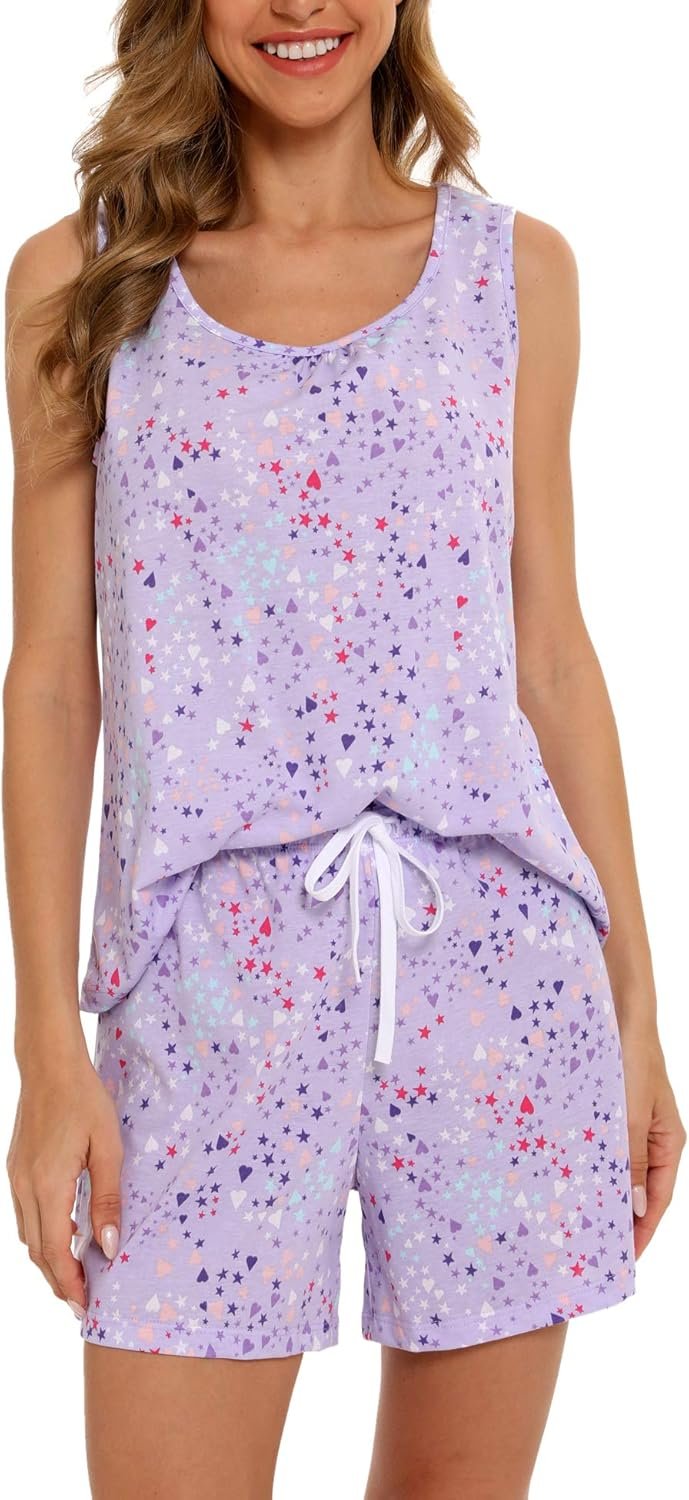 ENJOYNIGHT Womens Pajamas Set Cute Sleeveless Print Tank and Shorts Pj Set Summer Sleepwear