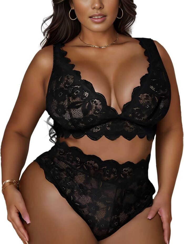 JuicyRose Women Plus Size 2 Piece Lingerie Sexy Floral Lace Scallop Trim Bralette and High Waist Panty Set