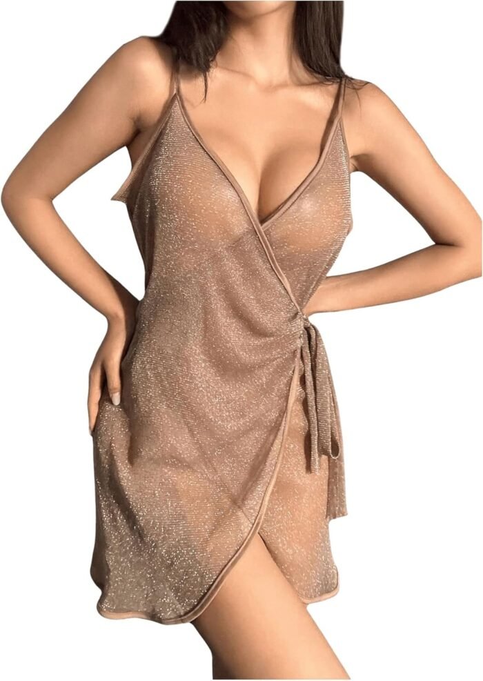 SHENHE Women’s Glitter Sheer Mesh Babydoll Lingerie Dress Wrap Nightgown Chemise Nightdress