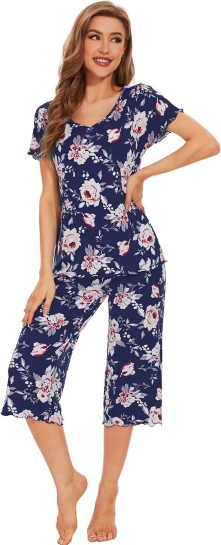 WiWi Bamboo Viscose Pajamas for Women Soft Capri Pants Pajama Sets Plus Size Sleepwear Pjs Loungewear S-4X