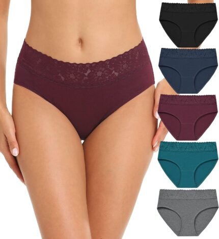 RHYFF Womens Underwear Cotton Bikini Panties Lace Soft Hipster Panty Ladies Stretch Full Briefs 5 Pack