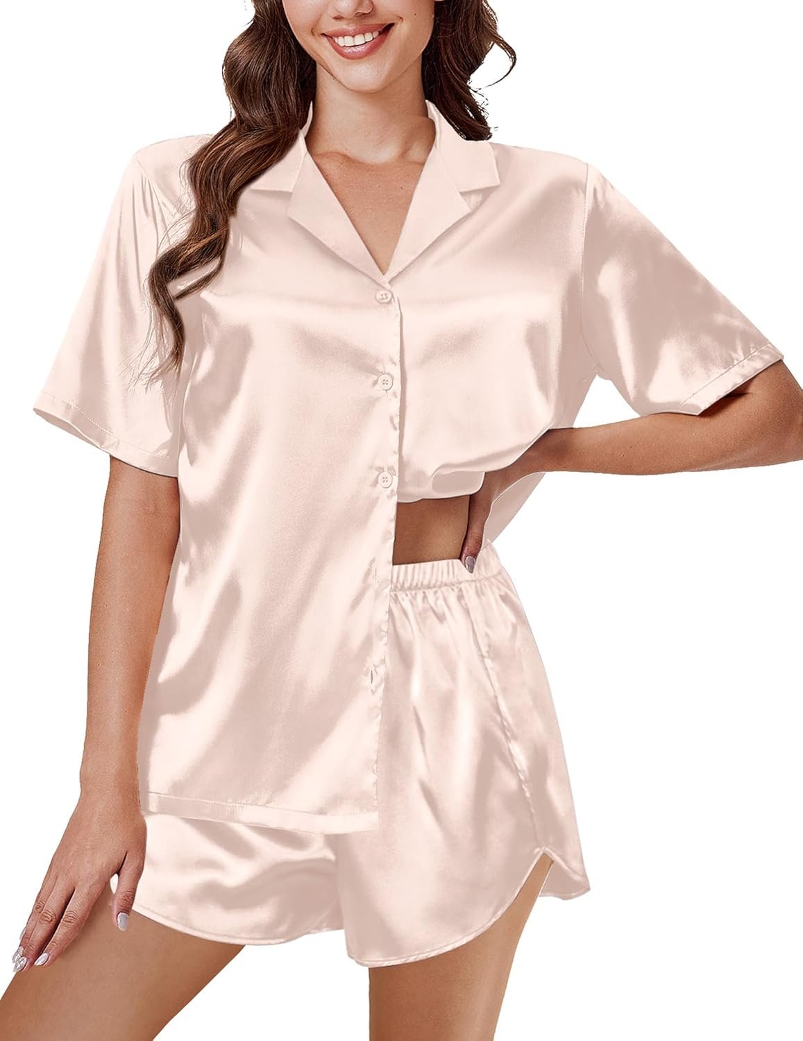 Ekouaer Silk Pajama Sets Womens Short Sleeve Sleepwear Satin 2 Piece Button Down Loungewear Pjs Shorts Set S-XXL