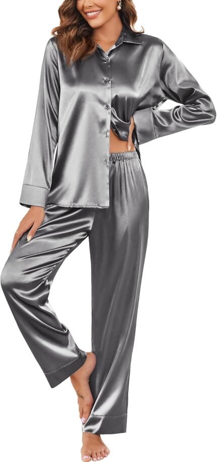 Ekouaer Classic Satin Pajamas for Women Long Sleeve Button Down Sleepwear Soft Silk Loungewear Pjs Set S-XXL