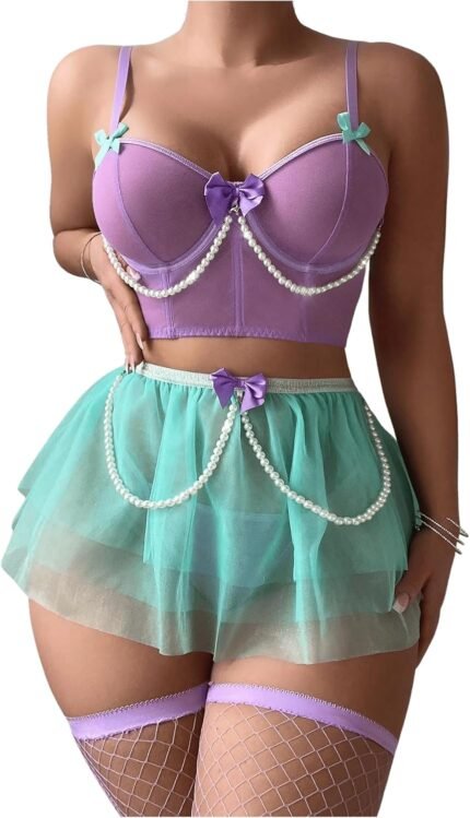 Women’s 5 Piece Lingerie Set Bow Knot Pearl Ruffle Corset Babydoll Lingerie Skirt with Stockings