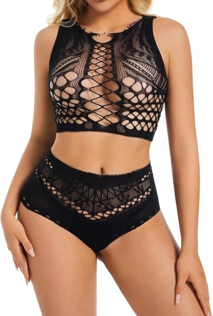 Women Fishnet Lingerie Sets Sexy Two Piece Outfits Free Size Bodysuit Exotic See Through Lingerie for Women Black Women Fishnet Lingerie Sets Sexy Two Piece Outfits Free Size Bodysuit Exotic See Through Lingerie for Women Black