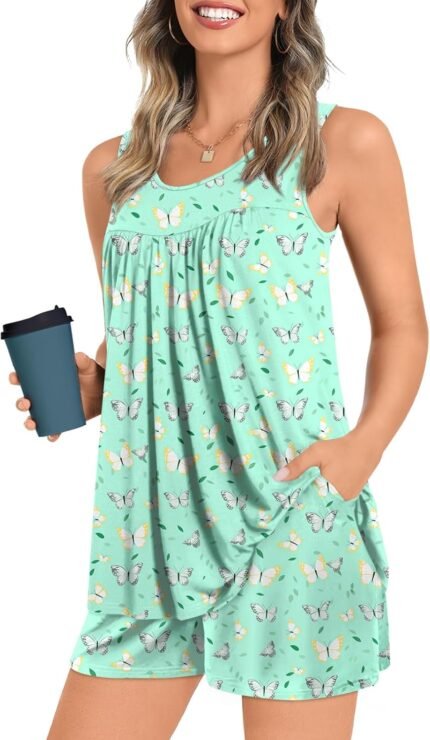 POPYOUNG Pajama Set for Women Summer Sleeveless Tank Tops Pjs Sets 2 Piece Lounge Set Comfy Shorts Sleepwear with Pockets