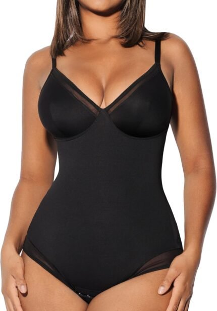FeelinGirl Shapewear Bodysuits for Women Tummy Control Mesh Slimmer Body Suits Deep V Neck Body Shaper 2024