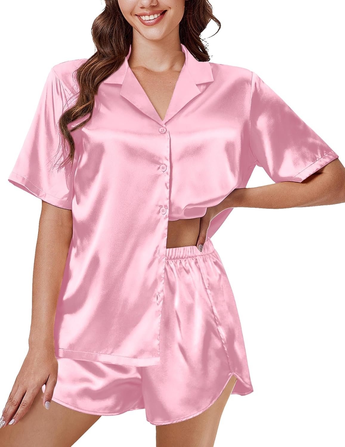 Ekouaer Silk Pajama Sets Womens Short Sleeve Sleepwear Satin 2 Piece Button Down Loungewear Pjs Shorts Set S-XXL