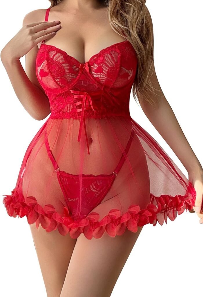 Aranmei Sexy Lace Babydoll Lingerie for Women Teddy V Neck Mesh Sleepwear Strap Nightgowns Lingerie Set