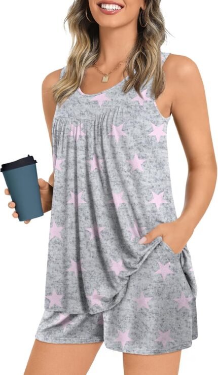 POPYOUNG Pajama Set for Women Summer Sleeveless Tank Tops Pjs Sets 2 Piece Lounge Set Comfy Shorts Sleepwear with Pockets POPYOUNG Pajama Set for Women Summer Sleeveless Tank Tops Pjs Sets 2 Piece Lounge Set Comfy Shorts Sleepwear with Pockets