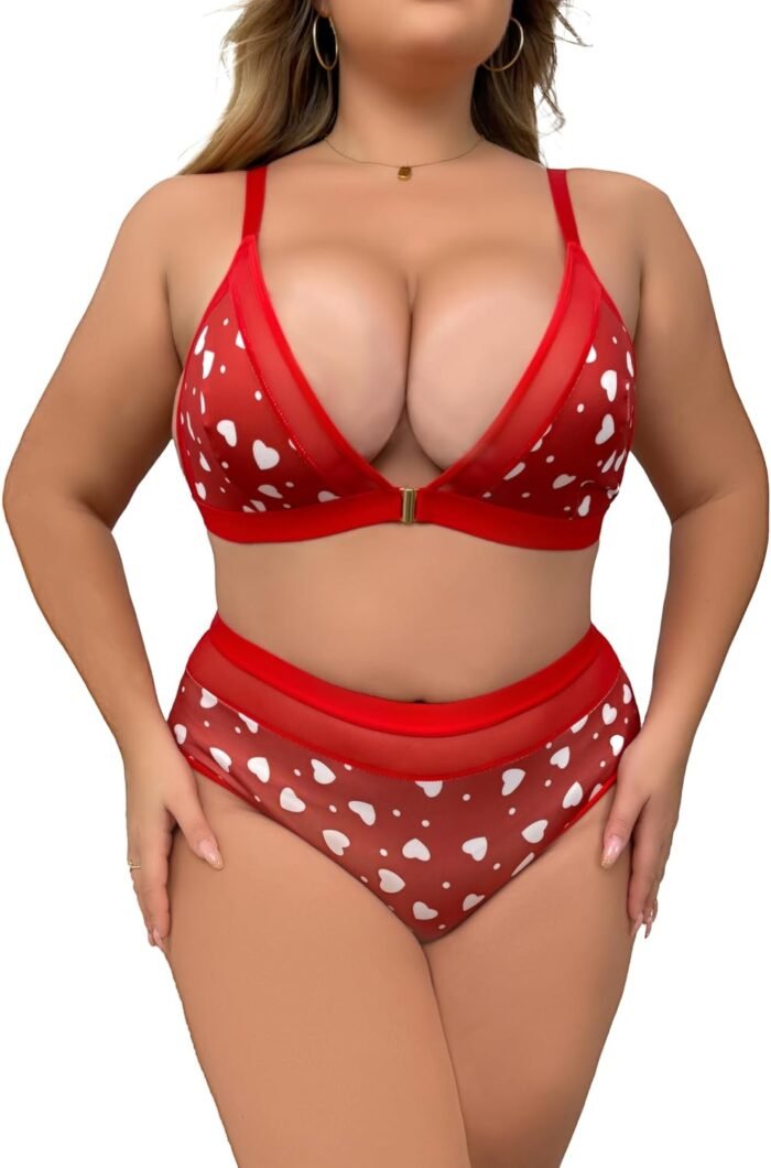 Women’s Plus Size 2 Piece Lingerie Set Floral Sheer Deep V Neck Front Placket Bra High Waist Outfits Panty Sets