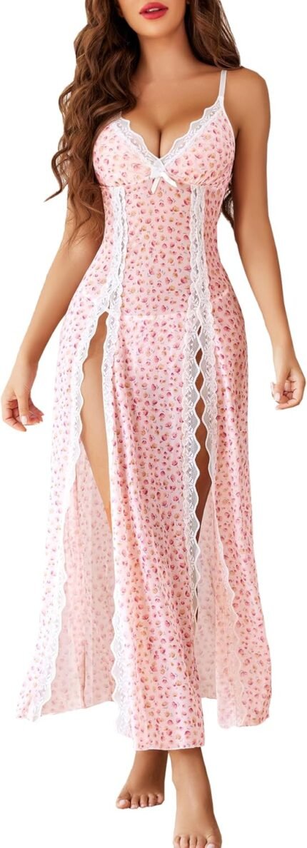 Avidlove Women Lingerie Lace Babydoll Chemise Sexy Mesh Nightdress V Neck Nightwear Side Split Nightgown