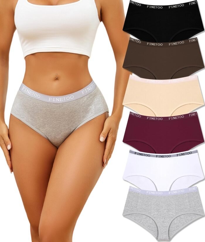 FINETOO Cotton Underwear for Women Hipster Panties Full Coverage Stretch Bikinis Underpants Ladies Briefs 6 Pack