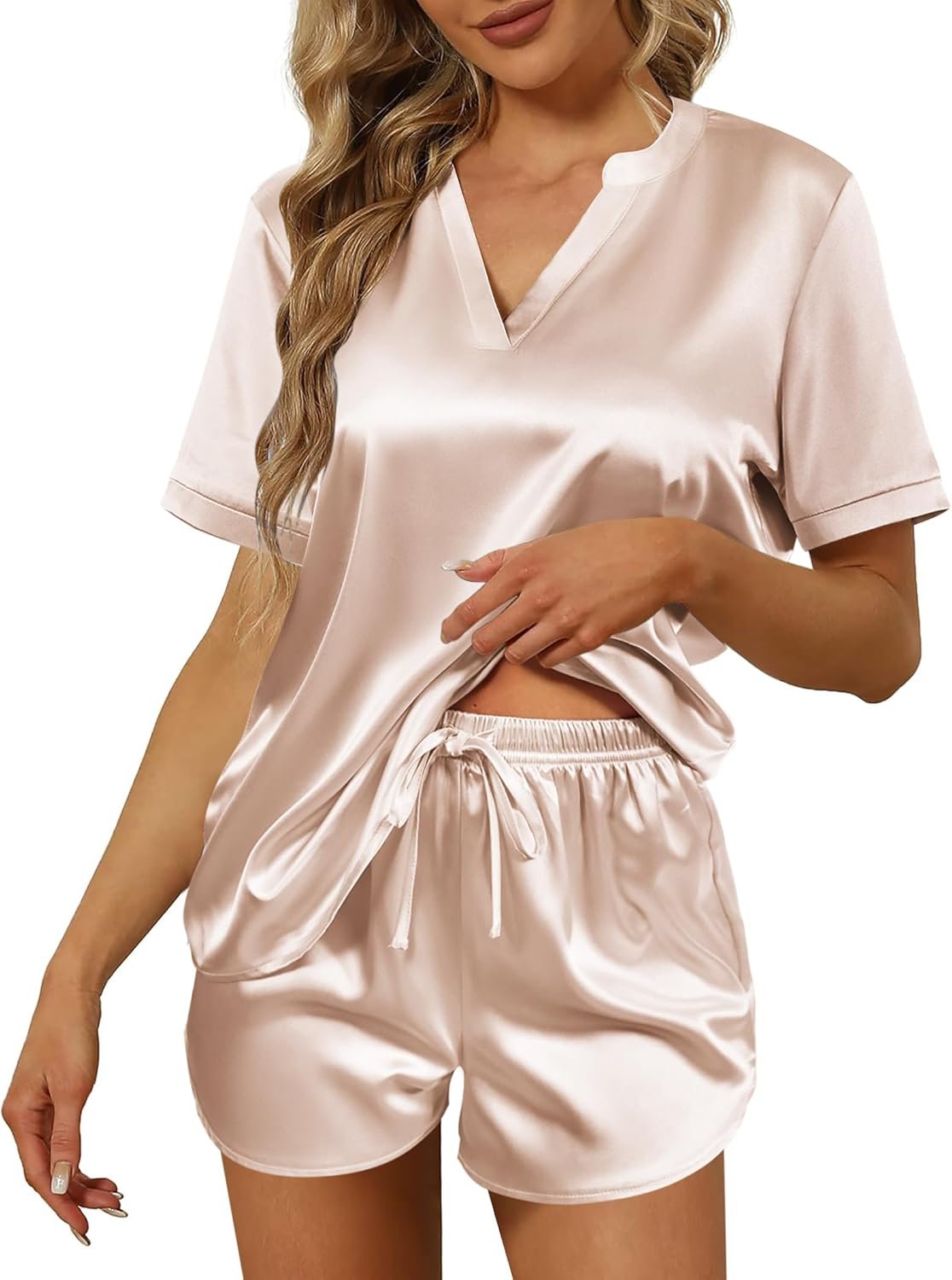 Ekouaer Silk Pajamas for Women Short Sleeve Sleepwear Two-piece Pjs Set Soft V Neck Loungewear Tops with Pj Shorts S-XXL