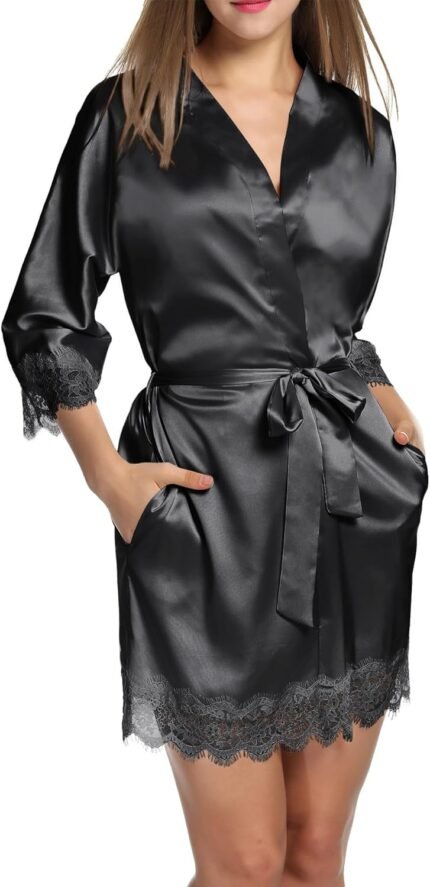 HOTOUCH Silk Robes for Women Short Lace Trim Satin Bride Robe 3/4 Sleeve Sexy Kimono Robe Sleepwear with Pockets HOTOUCH Silk Robes for Women Short Lace Trim Satin Bride Robe 3/4 Sleeve Sexy Kimono Robe Sleepwear with Pockets