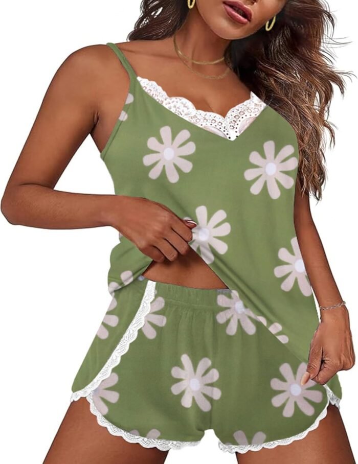 Ekouaer Pajama Sets for Women Lingerie Sleepwear 2 Piece Cami Shorts Set V Neck Pj Lace Sleepwear