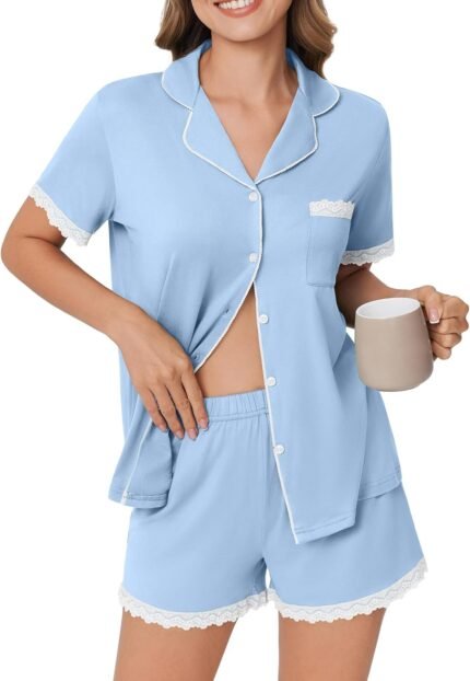 Ekouaer Womens Short Sleeve Pajamas Set Soft Sleepwear Button Down Lounge Set Lace Top and Shorts Pj Nightwear