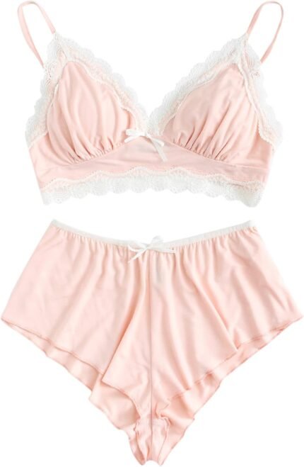 SweatyRocks Women’s Lace Trim Underwear Lingerie Straps Bralette and Panty Set
