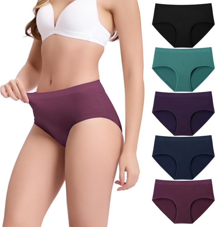 BAMBOO COOL Women’s Underwear Mid Waisted Brief Ladies Seamless Panties Moisture Wicking Stretchy Full Coverage 5 Pack