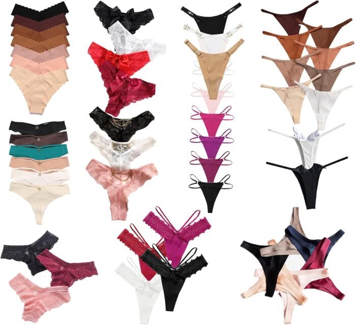 Women’s Underwear Variety Pack Panties, Kinds of T-Back G-String Thongs, Lacy Briefs Hipsters Bikinis Undies Assorted