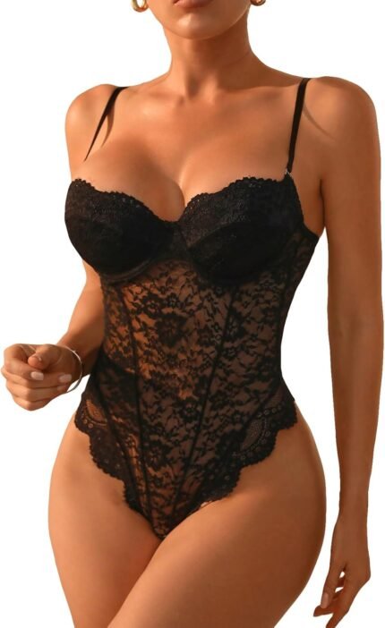 SOLY HUX Women’s Lace Scalloped Trim Underwire Lingerie Teddy Babydoll Bodysuit