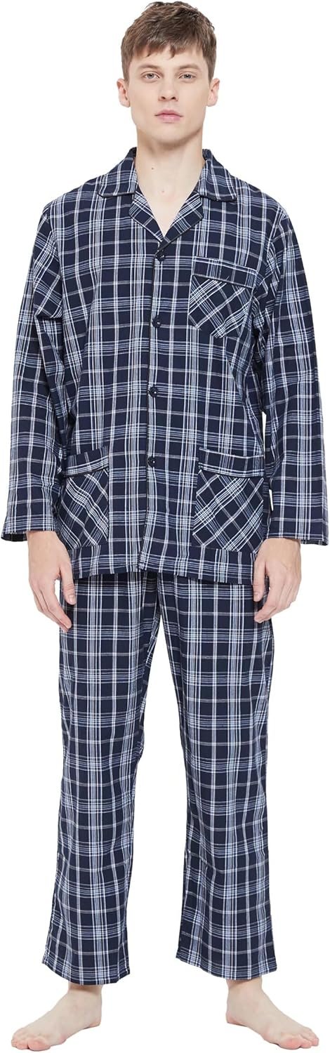 GLOBAL Pajamas for Men Pj Set 100% Cotton Pajama Long Sleeve/Pants Plaids Loungewear sets GLOBAL Pajamas for Men Pj Set 100% Cotton Pajama Long Sleeve/Pants Plaids Loungewear sets