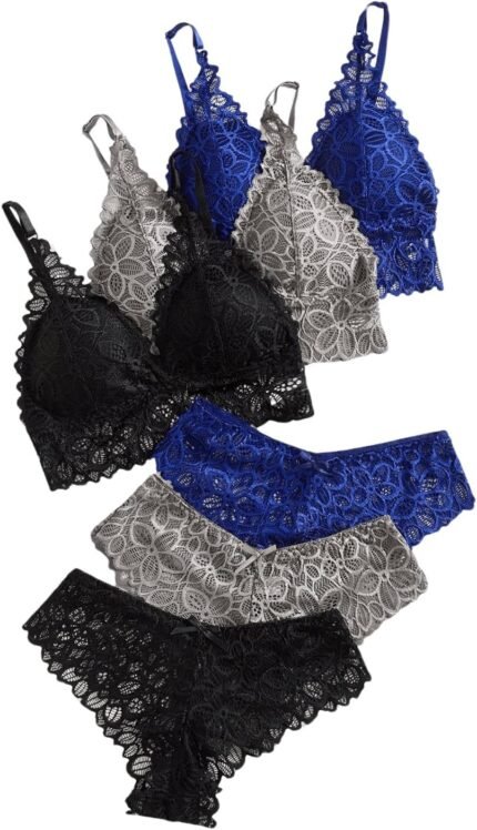 Verdusa Women’s 6 Piece Bow Floral Lace Lingerie Wireless Padded Bra and Panty Set