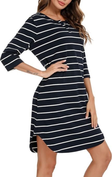 Vlazom Women’s Nightgowns Soft Cotton Stripe Nightdress Short Sleeve Night Shirt Sleepwear with Pockets S-XXL Vlazom Women’s Nightgowns Soft Cotton Stripe Nightdress Short Sleeve Night Shirt Sleepwear with Pockets S-XXL