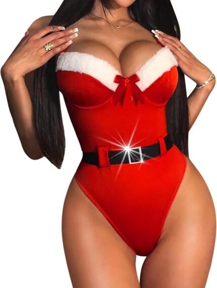 RSLOVE Christmas Lingerie for Women Sexy Teddy Bodysuit One Piece Santa Babydoll with Belt RSLOVE Christmas Lingerie for Women Sexy Teddy Bodysuit One Piece Santa Babydoll with Belt
