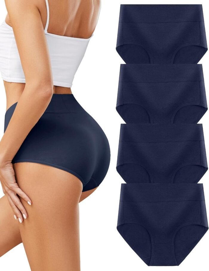 voenxe High Waisted Underwear for Women,Cotton Ladies Panties,Breathable Soft Full Coverage Briefs,Comfy Underpants,4 Pack