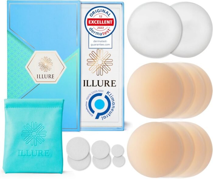 ILLURE® Nipple Covers – Ladies Nipple Pads with Nipple Protector [4 pairs] – Washable & Reusable Nipple Covers – Thin Self-Adhesive Nipple Pasties made silicone [3.15″ Ø] Nude