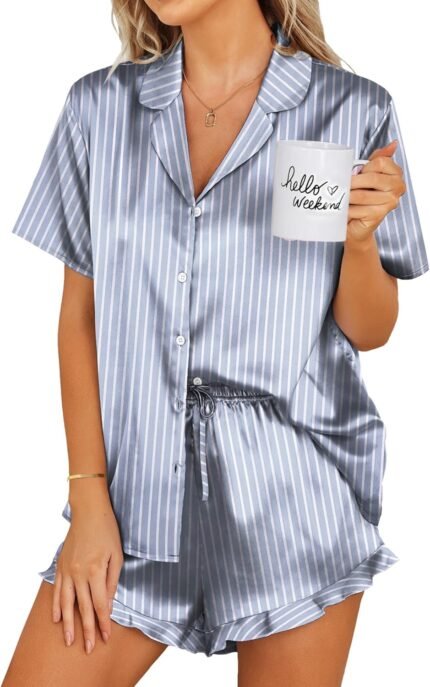 Ekouaer Womens Satin Pajamas Set Button Down 2 Piece Silk Pjs Shorts Set Ruffle Lingerie Notch Collar Sleepwear Ekouaer Womens Satin Pajamas Set Button Down 2 Piece Silk Pjs Shorts Set Ruffle Lingerie Notch Collar Sleepwear