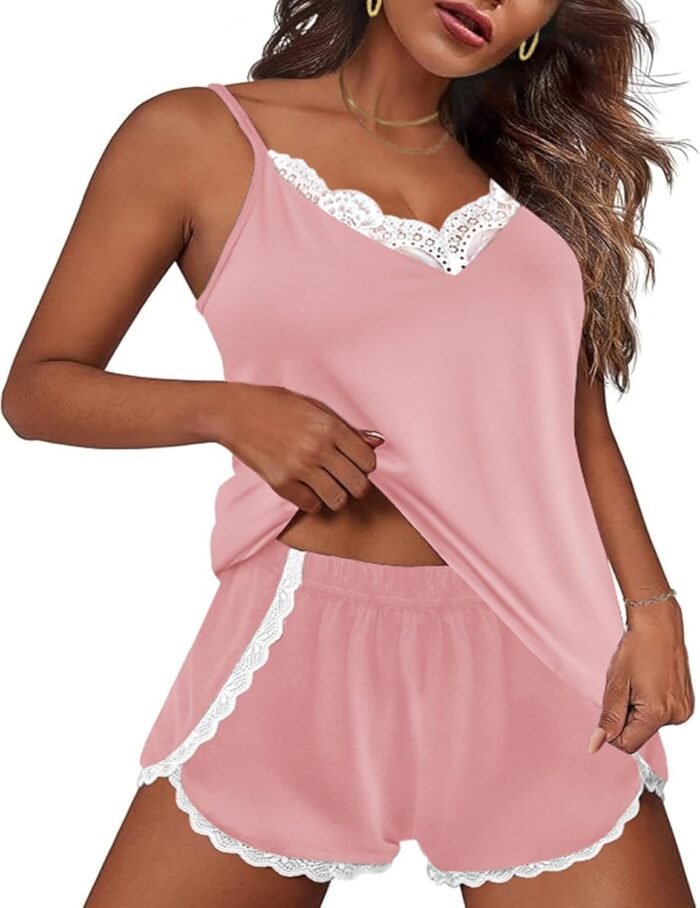 Ekouaer Pajama Sets for Women Lingerie Sleepwear 2 Piece Cami Shorts Set V Neck Pj Lace Sleepwear