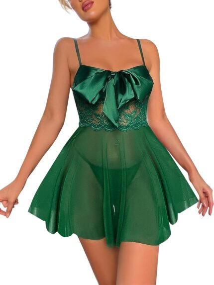Lilosy Sexy Bow Knot Front Strappy Floral Mesh Sheer Lace Babydoll Lingerie Chemise With Thong