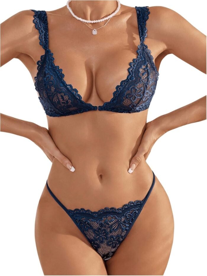 SHENHE Women’s 2 Piece Lace Sheer Front Closure Bra and Panty V String Thong Lingerie Set
