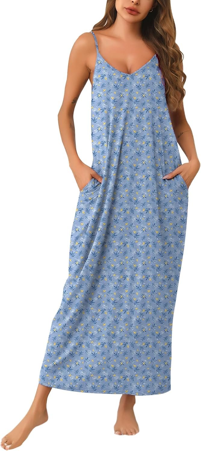 Marvmys Womens Cotton Long Nightgowns Spaghetti Strap V Neck Full Slip Sleep Shirts with Pockets Marvmys Womens Cotton Long Nightgowns Spaghetti Strap V Neck Full Slip Sleep Shirts with Pockets